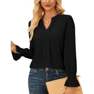 imageGRACE KARIN Womens Long Sleeve Shirts 2025 V Neck Dressy Casual Eyelet Tops Fall Lace Embroidered BlousesBlack