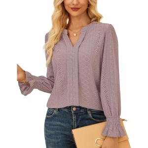 imageGRACE KARIN Womens Long Sleeve Shirts 2025 V Neck Dressy Casual Eyelet Tops Fall Lace Embroidered BlousesLeather Pink
