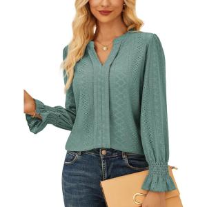 imageGRACE KARIN Womens Long Sleeve Shirts 2025 V Neck Dressy Casual Eyelet Tops Fall Lace Embroidered BlousesLight Gray Green