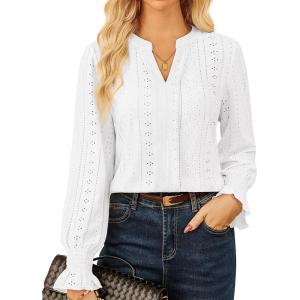 imageGRACE KARIN Womens Long Sleeve Shirts 2025 V Neck Dressy Casual Eyelet Tops Fall Lace Embroidered BlousesWhite