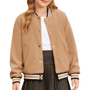imageGRACE KARIN Girls Fleece Jacket Button Down Varsity Coat Fall Winter Baseball Outwear Clothes with Pocket for 714YCamel