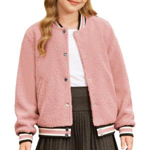 imageGRACE KARIN Girls Fleece Jacket Button Down Varsity Coat Fall Winter Baseball Outwear Clothes with Pocket for 714YPink