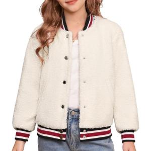 imageGRACE KARIN Girls Fleece Jacket Button Down Varsity Coat Fall Winter Baseball Outwear Clothes with Pocket for 714YWhite