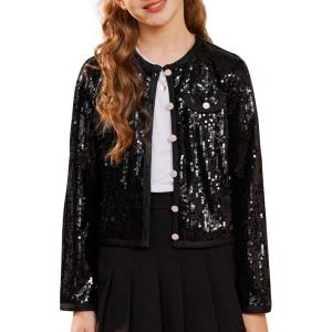 imageGRACE KARIN Girls Sequin Jackets Sparkle Dress Coats Button Cropped Cardigan for Kids 514Black