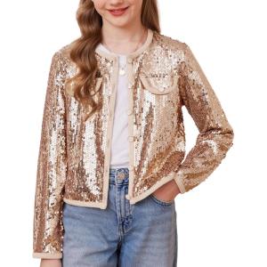 imageGRACE KARIN Girls Sequin Jackets Sparkle Dress Coats Button Cropped Cardigan for Kids 514Champagne