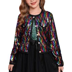 imageGRACE KARIN Girls Sequin Jackets Sparkle Dress Coats Button Cropped Cardigan for Kids 514Colorful Black