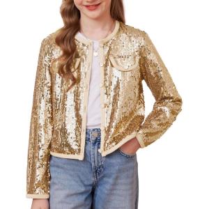 imageGRACE KARIN Girls Sequin Jackets Sparkle Dress Coats Button Cropped Cardigan for Kids 514Gold