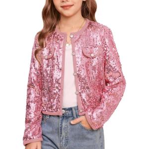 imageGRACE KARIN Girls Sequin Jackets Sparkle Dress Coats Button Cropped Cardigan for Kids 514Pink