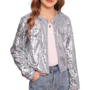 imageGRACE KARIN Girls Sequin Jackets Sparkle Dress Coats Button Cropped Cardigan for Kids 514Sliver