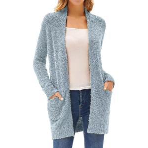 imageGRACE KARIN Long Open Front Fleece Cardigan Sweater Fall Chunky Knit Casual Coat Soft Winter Outerwear with PocketsLight Blue