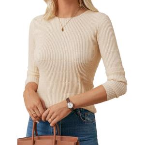 imageGRACE KARIN Womens Fall Wool Blend Sweater Tops Long Sleeve Ribbed Pullover 2025 Knitted Casual BlouseApricot