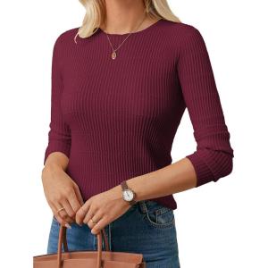 imageGRACE KARIN Womens Fall Wool Blend Sweater Tops Long Sleeve Ribbed Pullover 2025 Knitted Casual BlouseWine Red