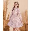 imageGRACE KARIN Girls Fall Long Sleeve Dress Formal Party Holiday Smocked Waist Midi Dresses 512YearsGray Pink Leaves