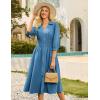 imageGRACE KARIN Women Fall Midi Dress 2025 A Line Smocked Work Dress Fit and Flare V Neck Zipper 34 Sleeve Dress Casual PocketsGray Blue