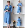 imageGRACE KARIN Women Fall Midi Dress 2025 A Line Smocked Work Dress Fit and Flare V Neck Zipper 34 Sleeve Dress Casual PocketsGray Blue