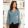 imageGRACE KARIN Work Shirts for Women Lantern Long Sleeve V Neck Blouse Button Down Elegant Business Office TopGrey Blue