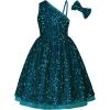 imageGRACE KARIN Girls Sequin Dress One Shoulder Wedding Party Gown with Hair Bow 512YDark Teal