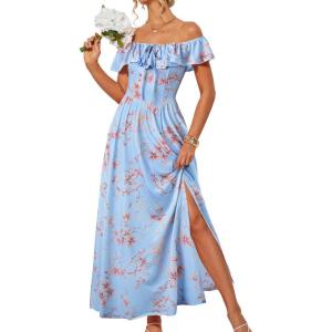 imageGRACE KARIN 2025 Womens Maxi Dresses Summer Off Shoulder Floral Dress Ruffle Split Beach Flowy Boho Wedding Guest DressBlue Beige