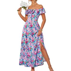 imageGRACE KARIN 2025 Womens Maxi Dresses Summer Off Shoulder Floral Dress Ruffle Split Beach Flowy Boho Wedding Guest DressBlue Multicolor