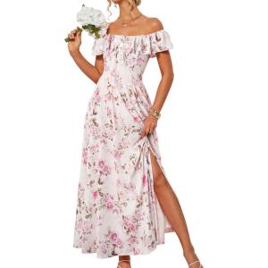 imageGRACE KARIN 2025 Womens Maxi Dresses Summer Off Shoulder Floral Dress Ruffle Split Beach Flowy Boho Wedding Guest DressLight Pink