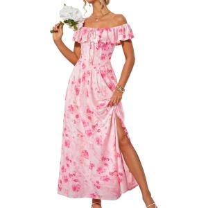 imageGRACE KARIN 2025 Womens Maxi Dresses Summer Off Shoulder Floral Dress Ruffle Split Beach Flowy Boho Wedding Guest DressPink White