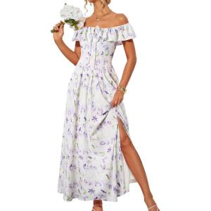 imageGRACE KARIN 2025 Womens Maxi Dresses Summer Off Shoulder Floral Dress Ruffle Split Beach Flowy Boho Wedding Guest DressPurple White