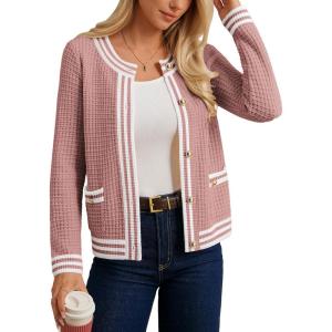 imageGRACE KARIN Cardigan Sweaters for Women Lightweight Long Sleeve Button up Sweater 2025 Color Block Jacket with PocketsPink