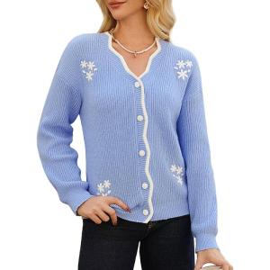 imageGRACE KARIN Flower Sweater Cardigan for Women Button Down Long Sleeve Cardigans Embroidered Open Front JacketBlue