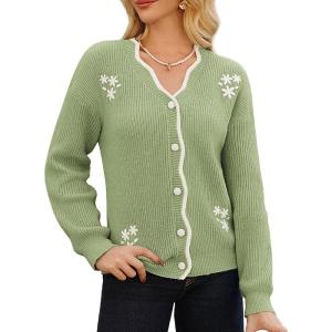 imageGRACE KARIN Flower Sweater Cardigan for Women Button Down Long Sleeve Cardigans Embroidered Open Front JacketGreen