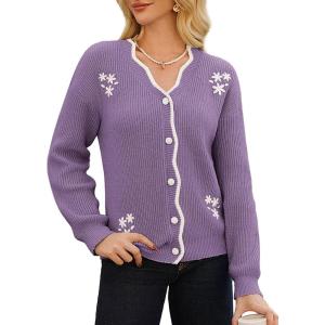 imageGRACE KARIN Flower Sweater Cardigan for Women Button Down Long Sleeve Cardigans Embroidered Open Front JacketPurple