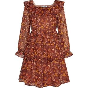 imageGRACE KARIN Girls Fall Dress Floral Long Sleeve Ruffle Square Neck Elastic Waist Tiered Layer Casual Dresses Size 512YOrange Leaves
