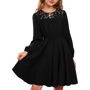 imageGRACE KARIN Girls Fall Dress Long Sleeve Midi with Lace Panels Twirl Skirt Elastic Waist for Holiday Party 614YBlack