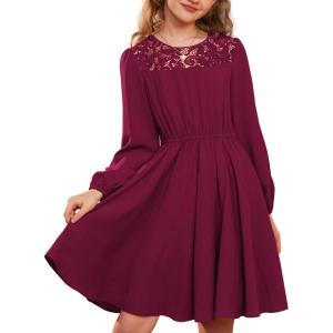 imageGRACE KARIN Girls Fall Dress Long Sleeve Midi with Lace Panels Twirl Skirt Elastic Waist for Holiday Party 614YBurgundy