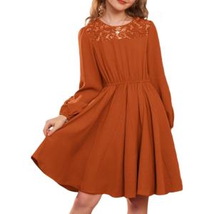 imageGRACE KARIN Girls Fall Dress Long Sleeve Midi with Lace Panels Twirl Skirt Elastic Waist for Holiday Party 614YBurnt Orange