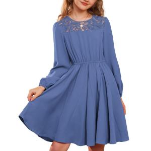 imageGRACE KARIN Girls Fall Dress Long Sleeve Midi with Lace Panels Twirl Skirt Elastic Waist for Holiday Party 614YDusty Blue