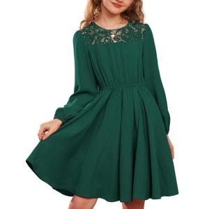 imageGRACE KARIN Girls Fall Dress Long Sleeve Midi with Lace Panels Twirl Skirt Elastic Waist for Holiday Party 614YGreen
