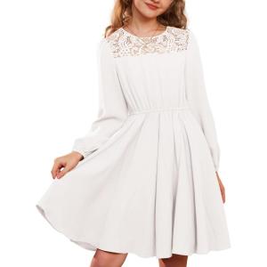 imageGRACE KARIN Girls Fall Dress Long Sleeve Midi with Lace Panels Twirl Skirt Elastic Waist for Holiday Party 614YIvory