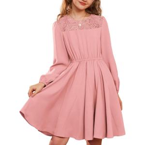 imageGRACE KARIN Girls Fall Dress Long Sleeve Midi with Lace Panels Twirl Skirt Elastic Waist for Holiday Party 614YLight Pink