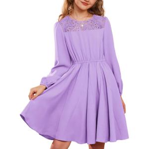 imageGRACE KARIN Girls Fall Dress Long Sleeve Midi with Lace Panels Twirl Skirt Elastic Waist for Holiday Party 614YPurple