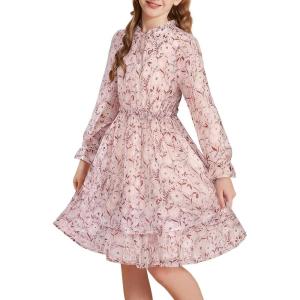 imageGRACE KARIN Girls Fall Long Sleeve Dress Formal Party Holiday Smocked Waist Midi Dresses 512YearsGray Pink Leaves