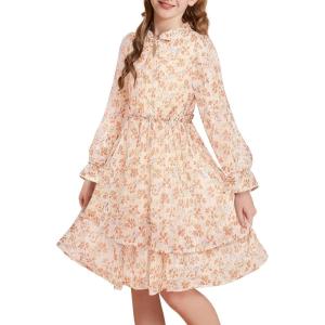imageGRACE KARIN Girls Fall Long Sleeve Dress Formal Party Holiday Smocked Waist Midi Dresses 512YearsOrange Floral