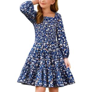 imageGRACE KARIN Girls Fall Long Sleeve Floral Square Neck Smock Tiered Casual Holiday Teen Dress Size 514Blue Orange Floral