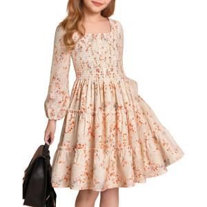 imageGRACE KARIN Girls Fall Long Sleeve Floral Square Neck Smock Tiered Casual Holiday Teen Dress Size 514Cream Orange Floral