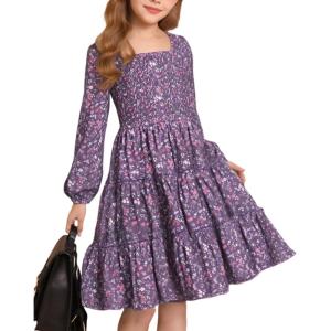 imageGRACE KARIN Girls Fall Long Sleeve Floral Square Neck Smock Tiered Casual Holiday Teen Dress Size 514Purple Floral