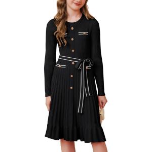 imageGRACE KARIN Girls Fall Sweater Dress Tween Long Sleeve Fashion Button Front Fancy Ruffle Winter Casual Dresses Size 614Black