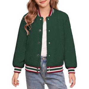 imageGRACE KARIN Girls Fleece Jacket Button Down Varsity Coat Fall Winter Baseball Outwear Clothes with Pocket for 714YDark Green