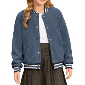 imageGRACE KARIN Girls Fleece Jacket Button Down Varsity Coat Fall Winter Baseball Outwear Clothes with Pocket for 714YGray Blue