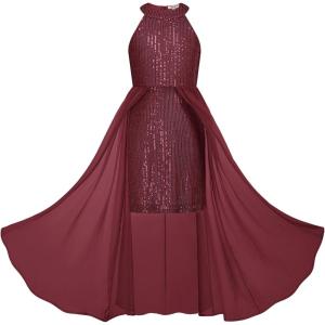 imageGRACE KARIN Girls Halter Neck Sequin Dress 614Y Kids Fancy Formal Party Christmas Sparkly Pageant Birthday DressesWine Red