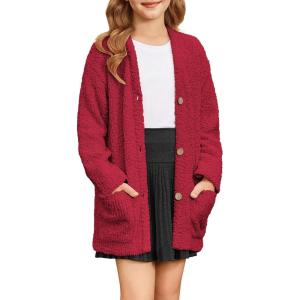 imageGRACE KARIN Girls Open Front Cardigan Long Sleeve Popcorn Knit Sweaters Outwear Coat with PocketsRed