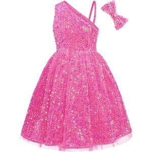 imageGRACE KARIN Girls Sequin Dress One Shoulder Wedding Party Gown with Hair Bow 512YSoft Pink Iridescent